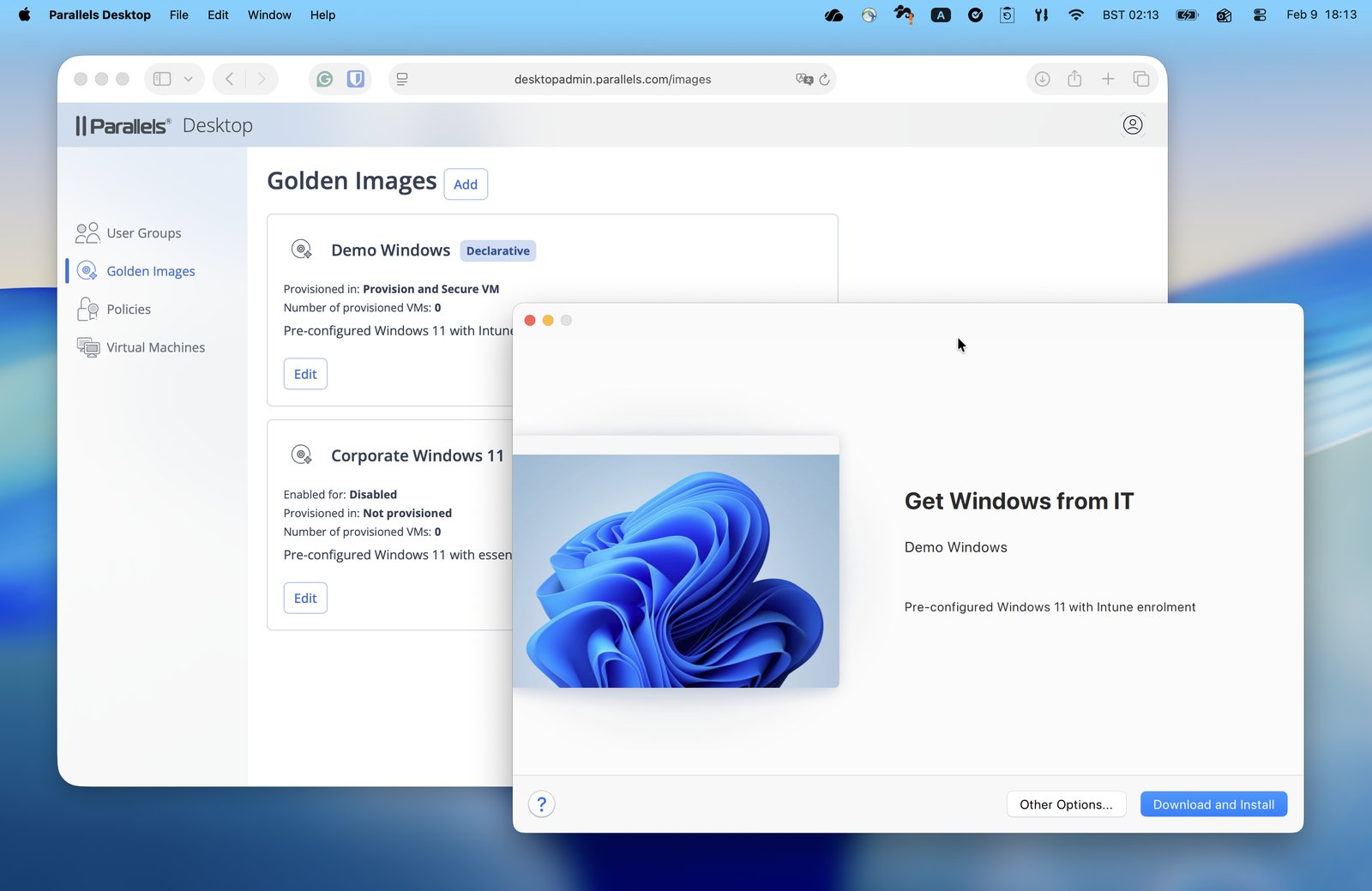 Golden Images in the Parallels Enterprise Management Portal and the end-user Get Windows from IT flow