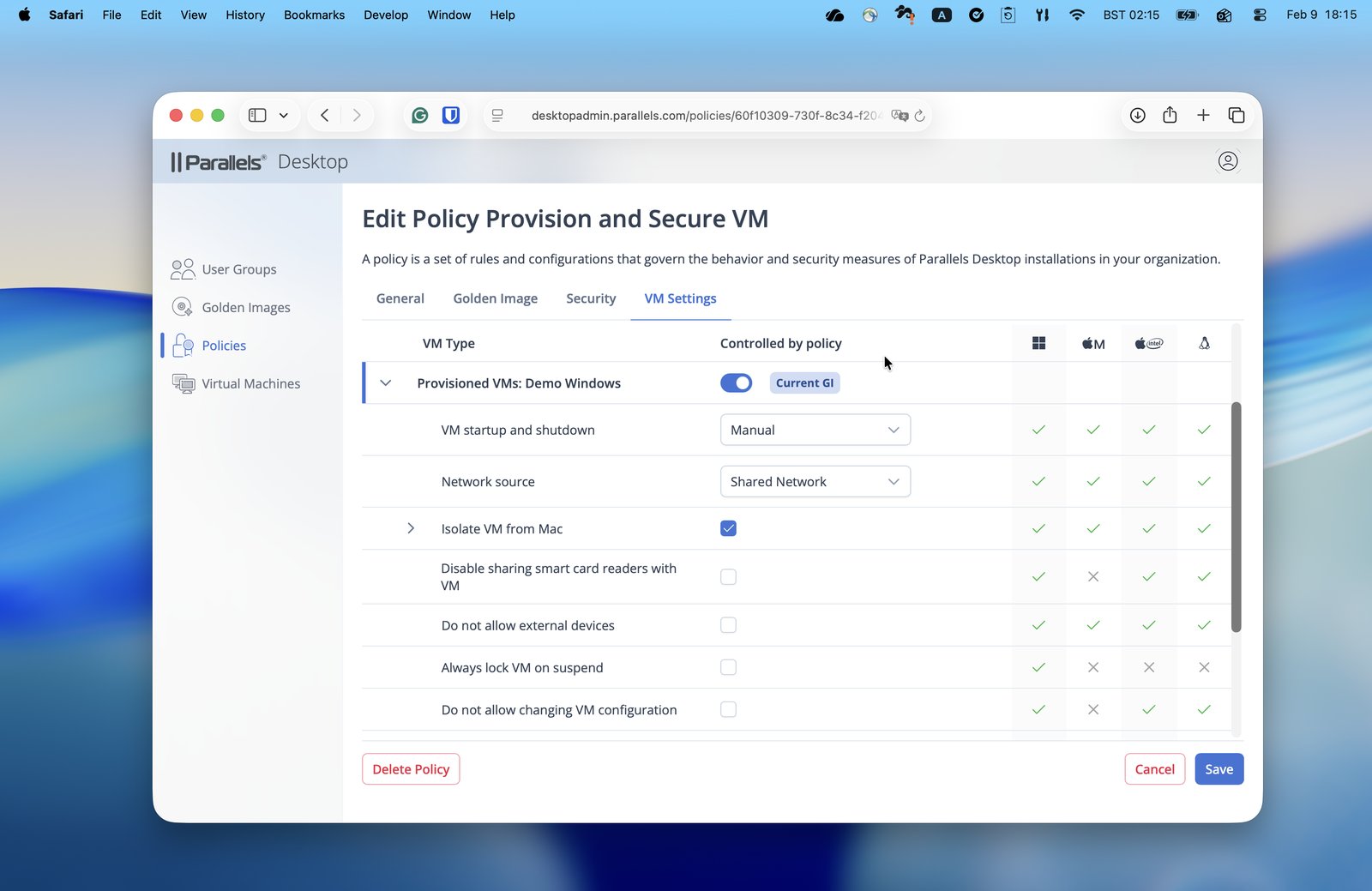 VM policy configuration in the Management Portal